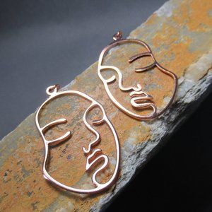 Rose Gold Dreaming Face Earrings, Abstract Pierced